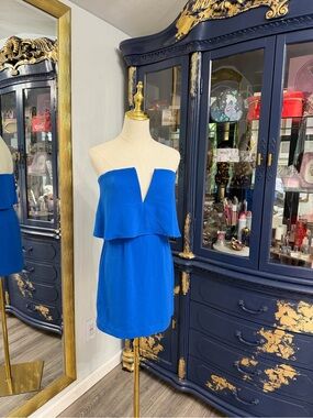 BCBGMAXAZRIA Blue Kate Strapless V-Neck Overlay Mini Dress